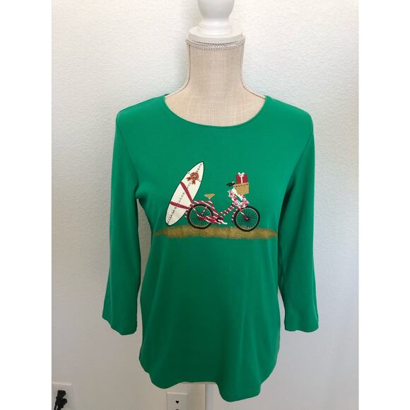 Karen Scott Green Printed Glitter Bike & Surfboard Top -S - Picture 2 of 6